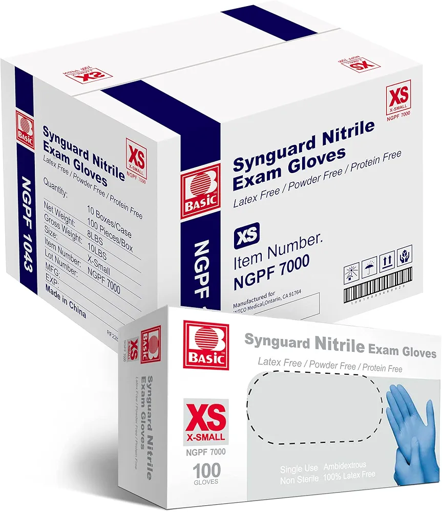 Basic Medical Blue Nitrile Exam Gloves, XS - Latex-Free & Powder-Free - NGPF-7000(Case of 1,000), X-Small