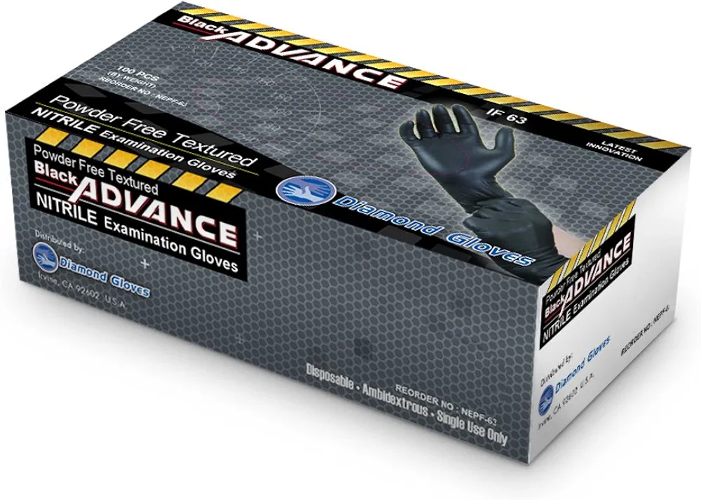 Black Advance Nitrile Examination Powder Free Gloves, Black, 6.3 mil, Heavy Duty, Medical Grade, 100/box