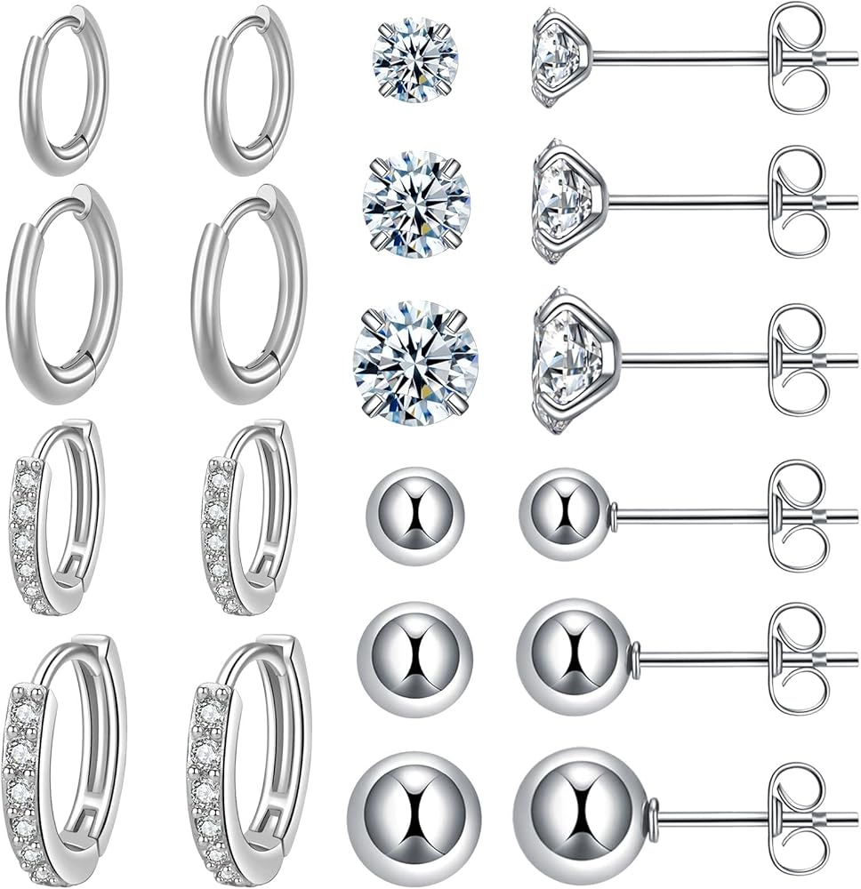 Surgical Steel Earrings Sets for Multiple Piercing Lightweight Small Huggie Hoop Earrings CZ Stud Earrings for Women Trendy Cartilage Hypoallergenic