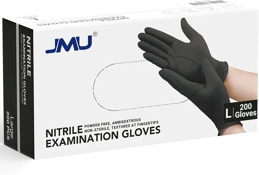 JMU Black Nitrile Gloves Large, 200 Count, 3.5 Mil, Latex Free, Powder Free, Disposable Nitrile Exam Gloves