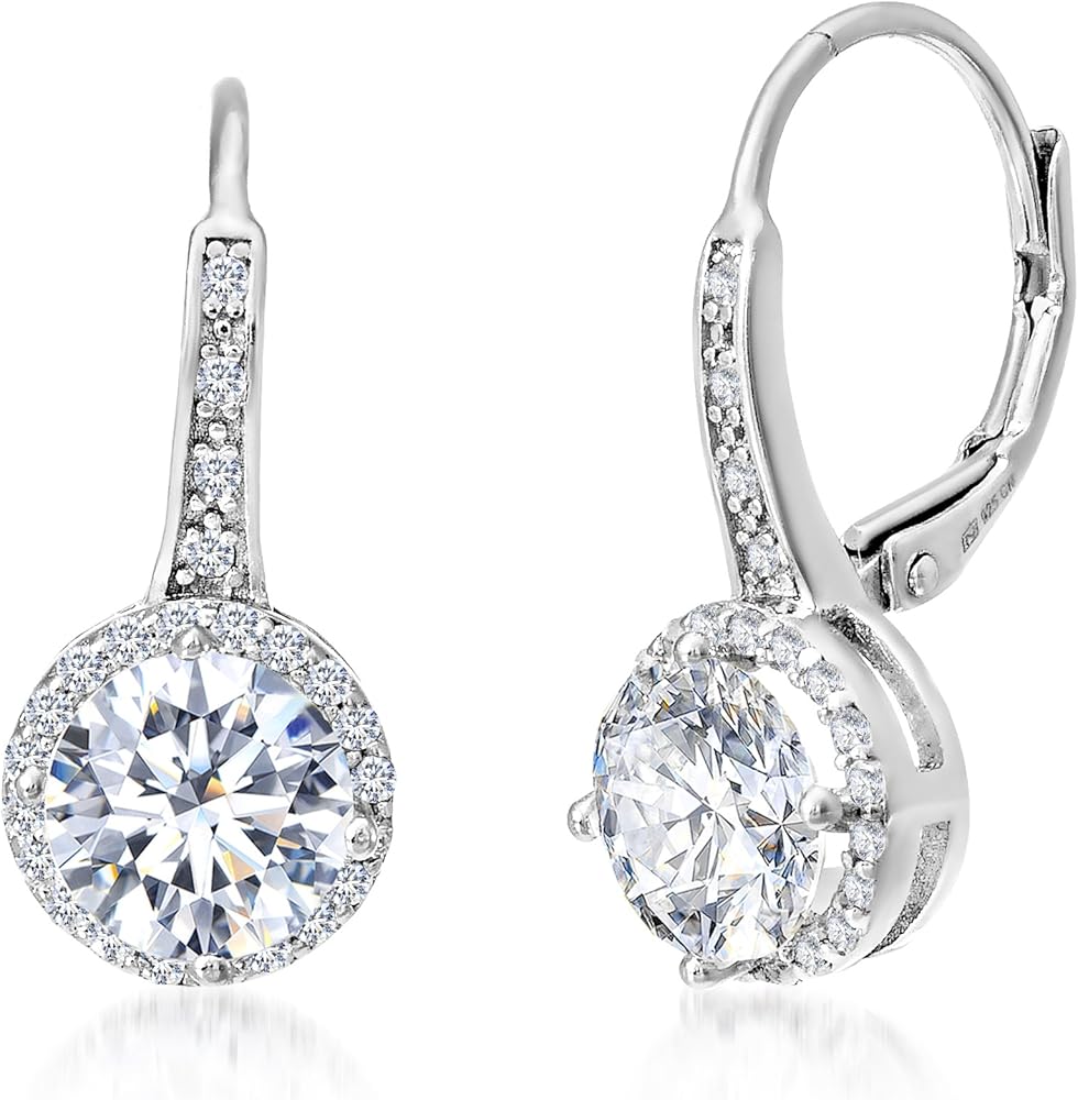 925 Sterling Silver Cubic Zirconia Halo Leverback Dangle Bridal Earrings for Women