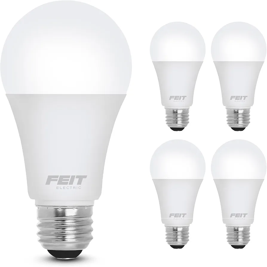 Feit Electric A19 LED Light Bulb, 60W Equivalent, Dimmable, 800 Lumens, E26 Medium Base, 3000K Bright White, CRI 90, 25,000 Hour Lifetime, UL Listed, Damp Rated, 4 Pack, OM60DM/930CA/4