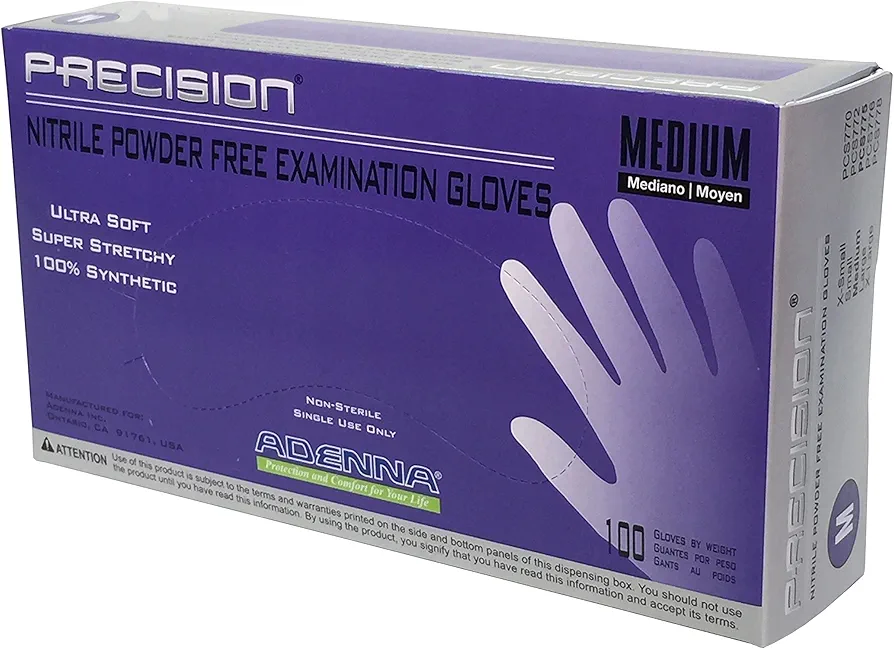 Adenna PCS775 Precision 4 mil Powder-Free Nitrile Exam Gloves, Medical Grade, Blue-Violet, Medium, Box of 100