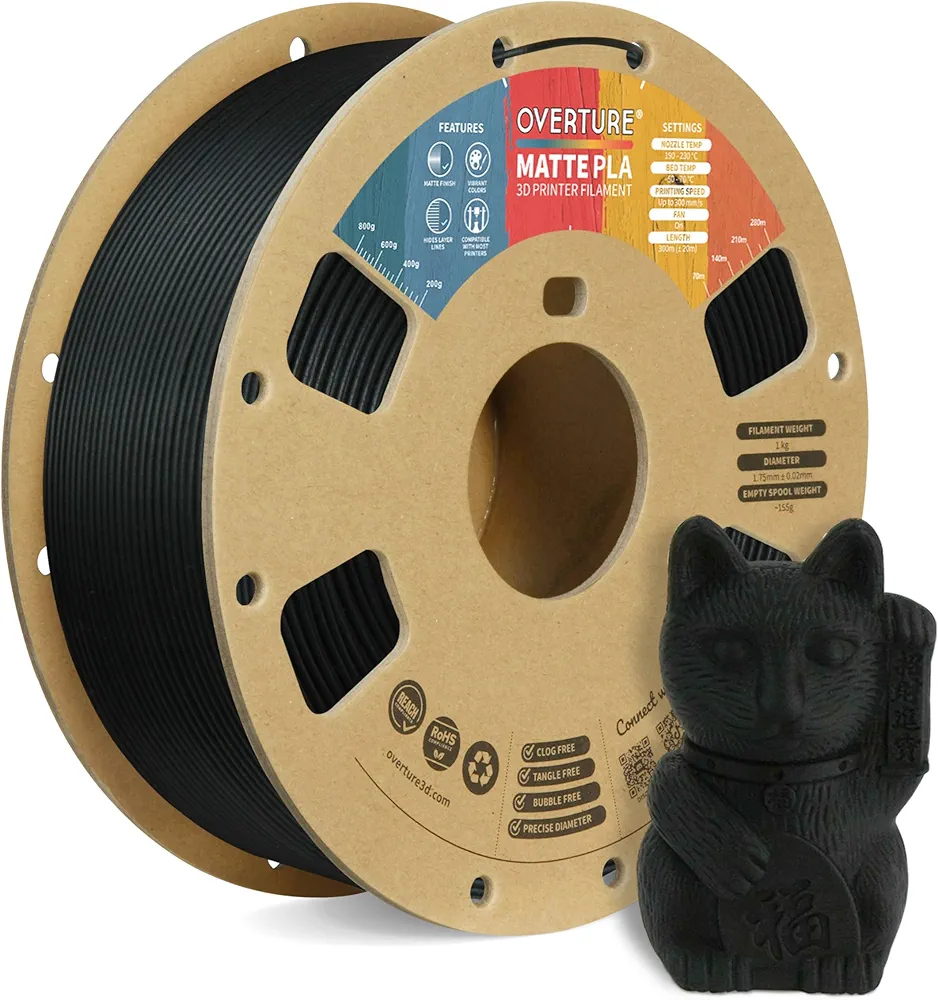 OVERTURE PLA Matte 3D Printer Filament 1.75mm, Matte PLA 1kg Cardboard Spool (2.2lbs), Dimensional Accuracy +/- 0.02 mm (Matte Black)