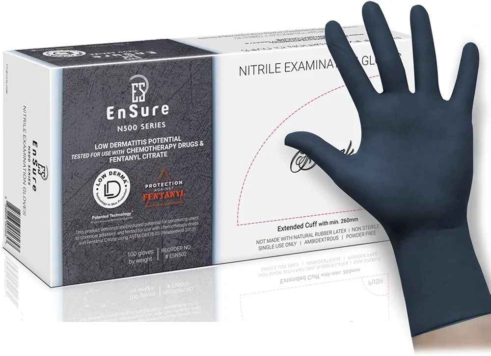 EnSure Low Derma Gray Black Powder Free Nitrile Exam Gloves, Extended Cuff