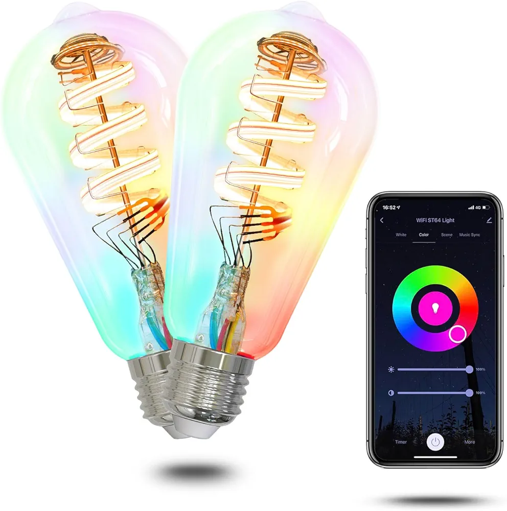 MOES Smart ST64 Edison LED Light Bulbs, Color Changing WiFi ST21 Smart Bulbs, 2700K-6500K CW& RGB Dimmable, Smart Life Remote Control, Work with Alexa/Google Home, 470lm 5W (40W Equivalent) 2 Pack