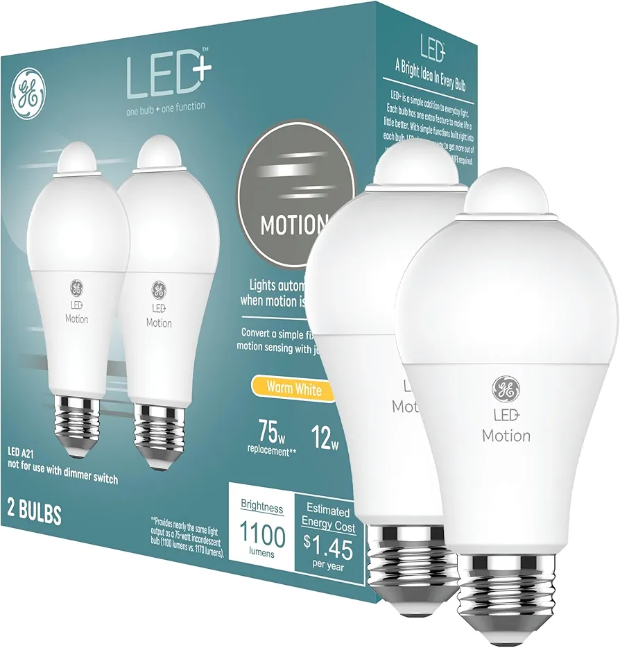 GE LED+ Motion Sensor LED Light Bulbs, 12W, Outdoor Security Lights, A21, Warm White (2 Pack)