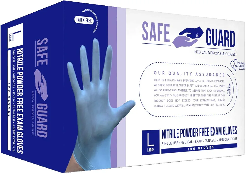 Safeguard Nitrile Exam Gloves, Powder Free, Medical Grade Gloves, Latex Free, Dispenser Pack, Large Size in Blue, 100 Count