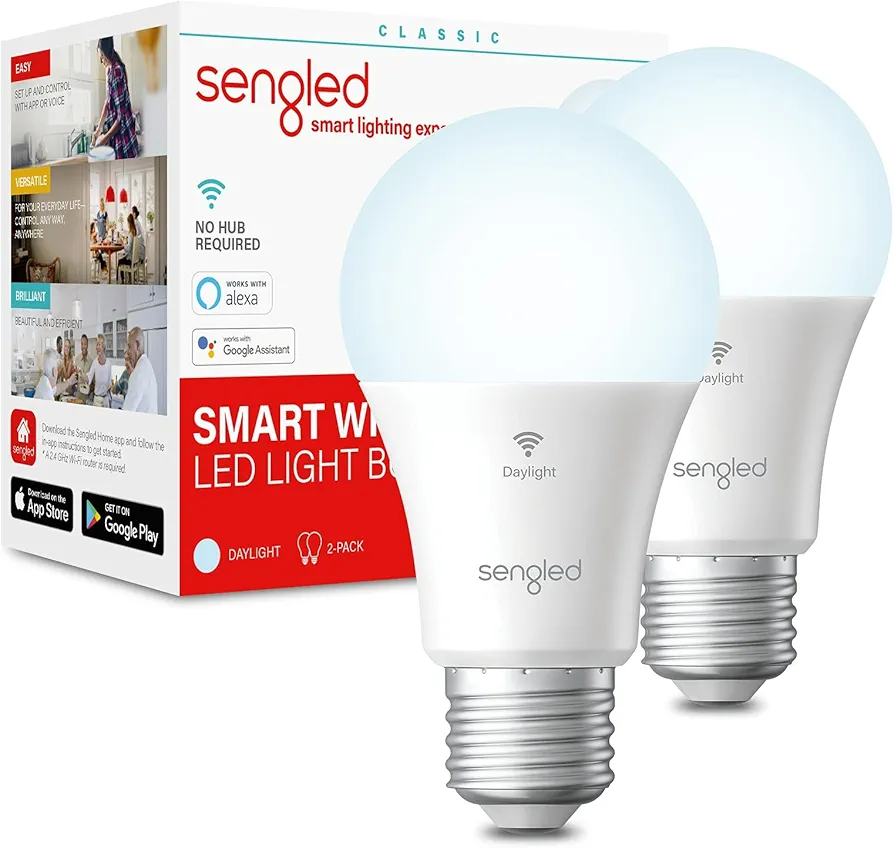 Sengled Smart Light Bulbs, WiFi Light Bulbs, Alexa Light Bulb, Smart Bulbs that Work with Alexa & Google Assistant, A19 Daylight (5000K) No Hub Required, 800LM 60W Equivalent High CRI>90, 2 Pack