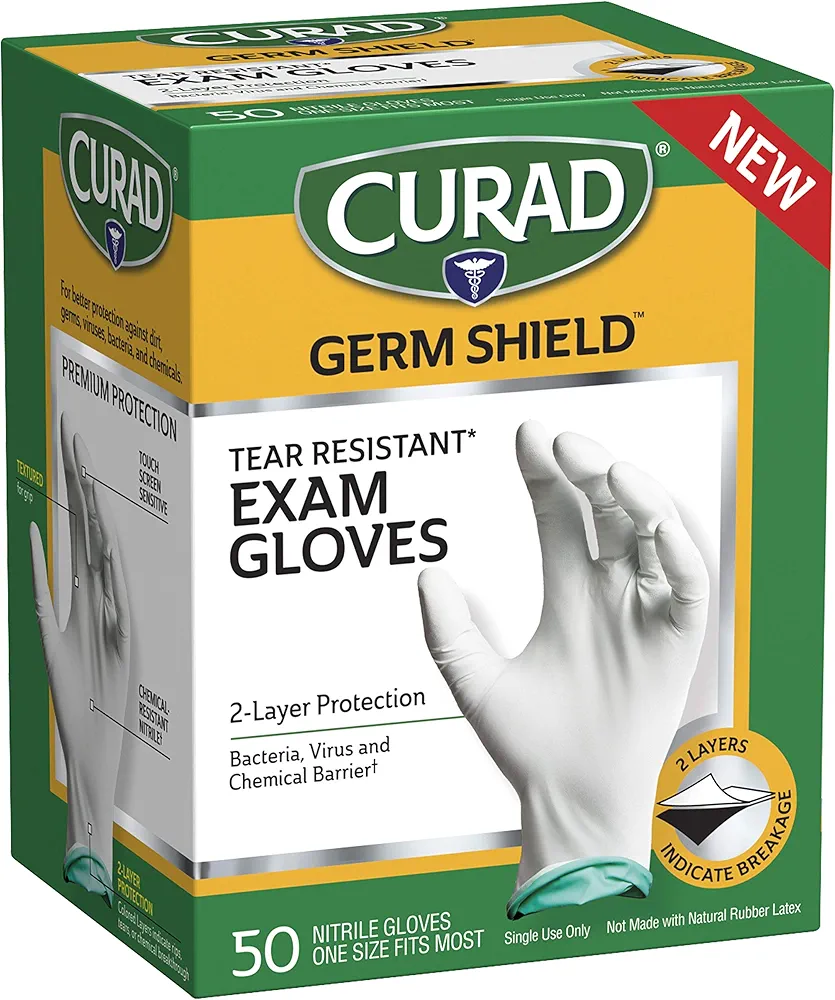 Medline CURAD Shield Nitrile Exam Gloves, Disposable Gloves are Tear Resistant, One Size Fits Most (50 Count), Can be used as medical gloves, cleaning gloves, or for home improvement tasks