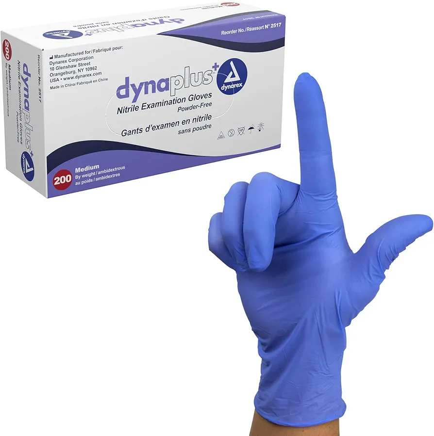 Dynarex DynaPlus Disposable Nitrile Exam Gloves, Powder-Free, Latex-Free, Strength + Value, Used by Professionals, Blue, Medium, 1 Box of 200