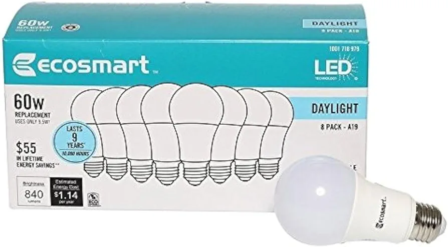 8-Pack A19 - 60 Watt Equivalent Daylight (5000K) LED Light Bulb