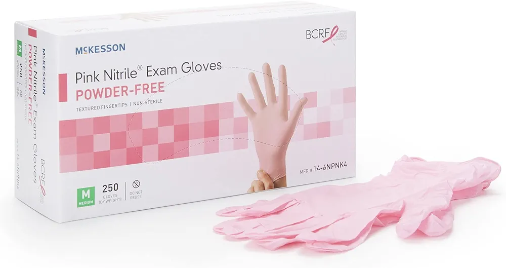 McKesson Pink Nitrile Exam Gloves - Powder-Free, Latex-Free, Ambidextrous, Textured Fingertips, Non-Sterile - Size Medium, 250 Count, 1 Box