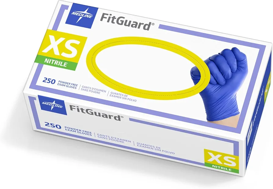 Medline FitGuard Touch Nitrile Exam Gloves, 250 Count, XSmall, Powder Free, Disposable, Not Made with Natural Rubber Latex, Excellent Sense of Touch for Medical Tasks, Durable for Household Chores