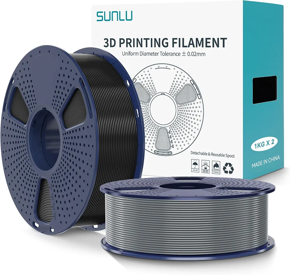 SUNLU PLA+2.0 3D Printer Filament 2KG, Upgrade PLA+ Filament 1.75mm, Tougher and Stronger, Dimensional Accuracy +/-0.02mm, 1KG per Spool, 2 Pack, 2KG Total, Black+Grey