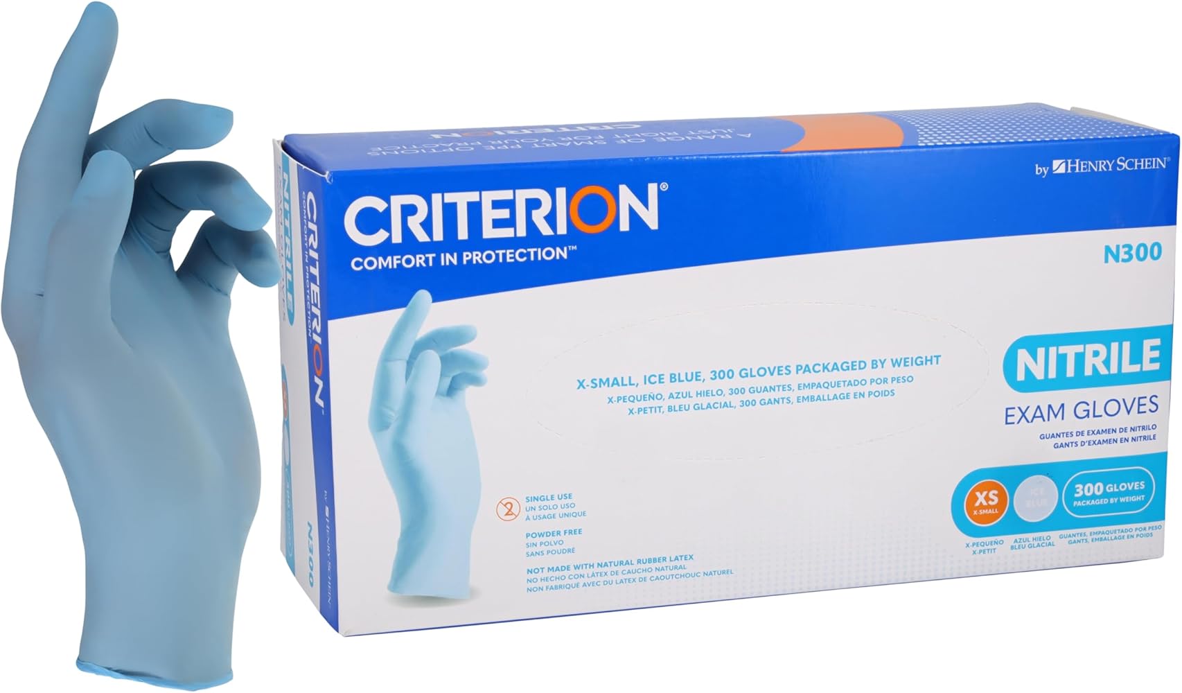 Criterion N300 Ice Blue Nitrile Exam Gloves, Chlorinated, Non-Sterile, Latex-Free, 300/box