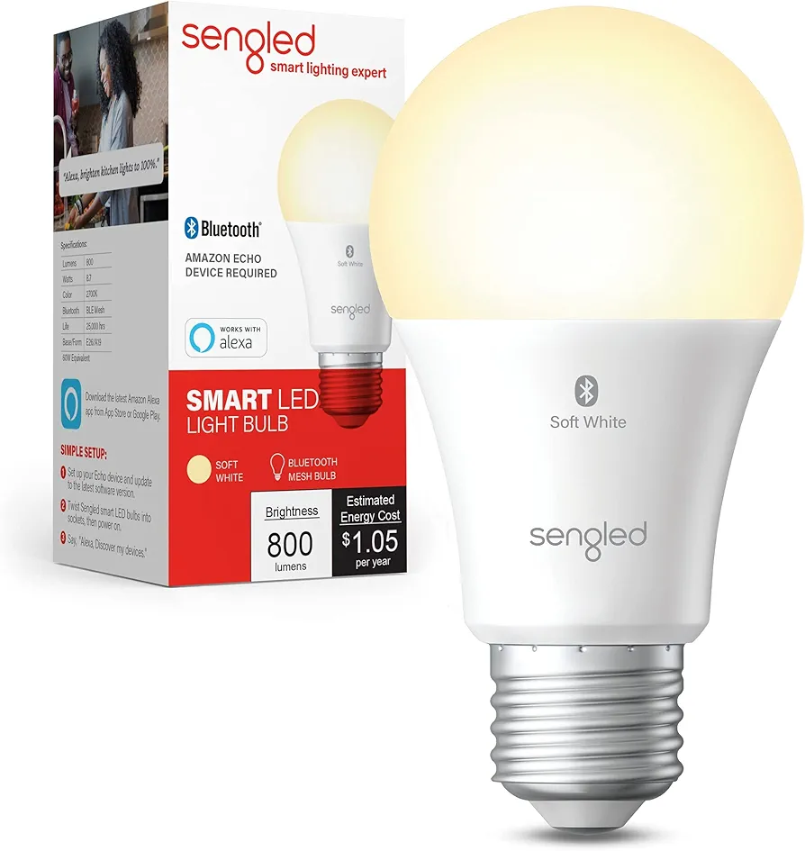 Sengled Alexa Light Bulb, S1 Auto Pairing with Alexa Devices, Warm Smart Light Bulbs, Bluetooth Mesh Smart Home Lighting, E26 60W Equivalent, 800LM, 1-Pack