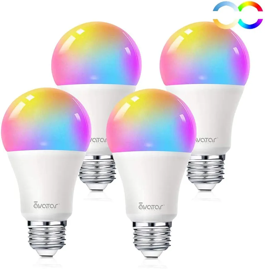 Avatar Controls 4 Pack Smart Light Bulbs, Alexa WiFi LED Bulbs Music Sync RGBCW Color Changing Lights, No Hub Required (E26 A19 8W)