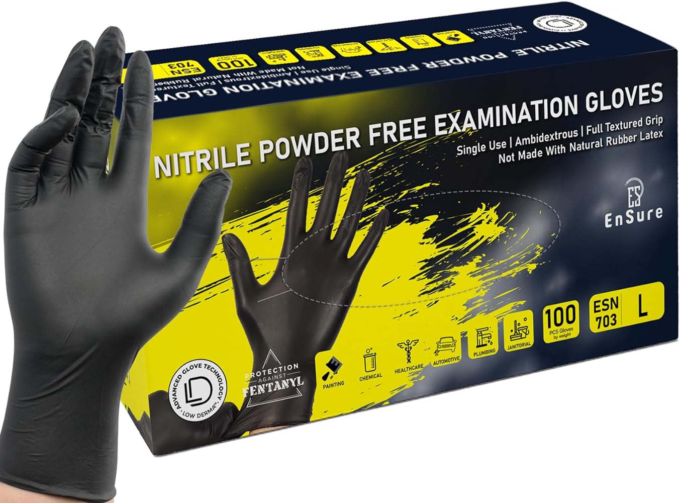 Ensure Low Dermatitis 7 Mil Black Nitrile Exam Gloves, Heavy Duty, Chemical + Puncture Resistant, Automotive, Industrial