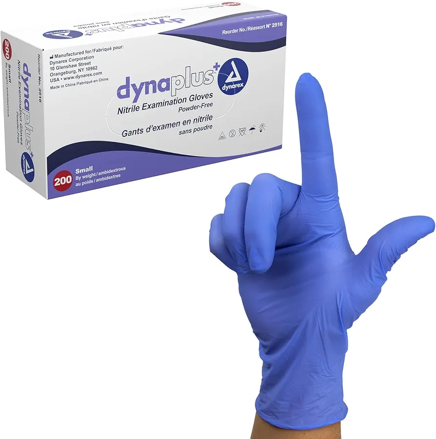 Dynarex DynaPlus Disposable Nitrile Exam Gloves, Powder-Free, Latex-Free, Strength + Value, Used by Professionals, Blue, Small, 1 Box of 200 Gloves