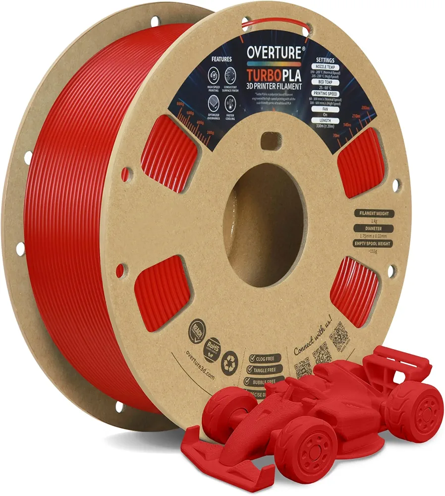 OVERTURE Turbo PLA Filament 1.75mm Rapid PLA Filament High Speed 600mm/s, 1KG Cardboard Spool (2.2lbs), Dimensional Accuracy +/- 0.02mm, Fit Most FDM Printer(Red)