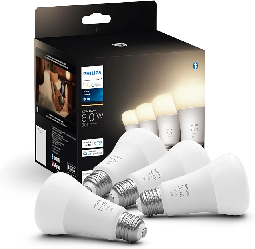 Philips Hue Smart 60W A19 LED Bulb - Soft Warm White Light - 4 Pack - 800LM - E26 - Indoor - Control with Hue App - Works with Alexa, Google Assistant and Apple Homekit