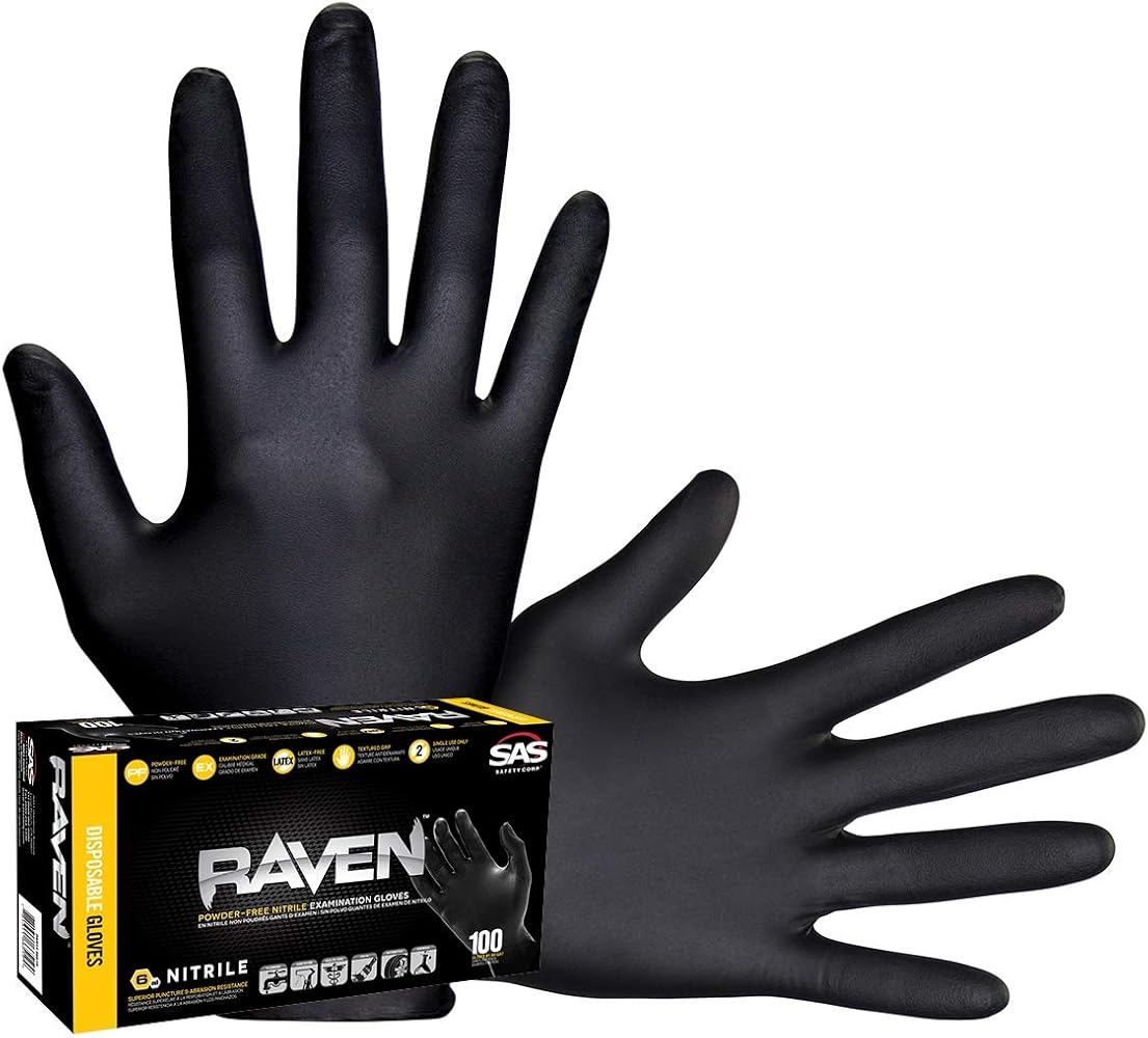 SAS Safety 66518 Raven Powder-Free Disposable Black Nitrile 6 Mil Gloves, Large, 100 Gloves by Weight(Pack of 1)