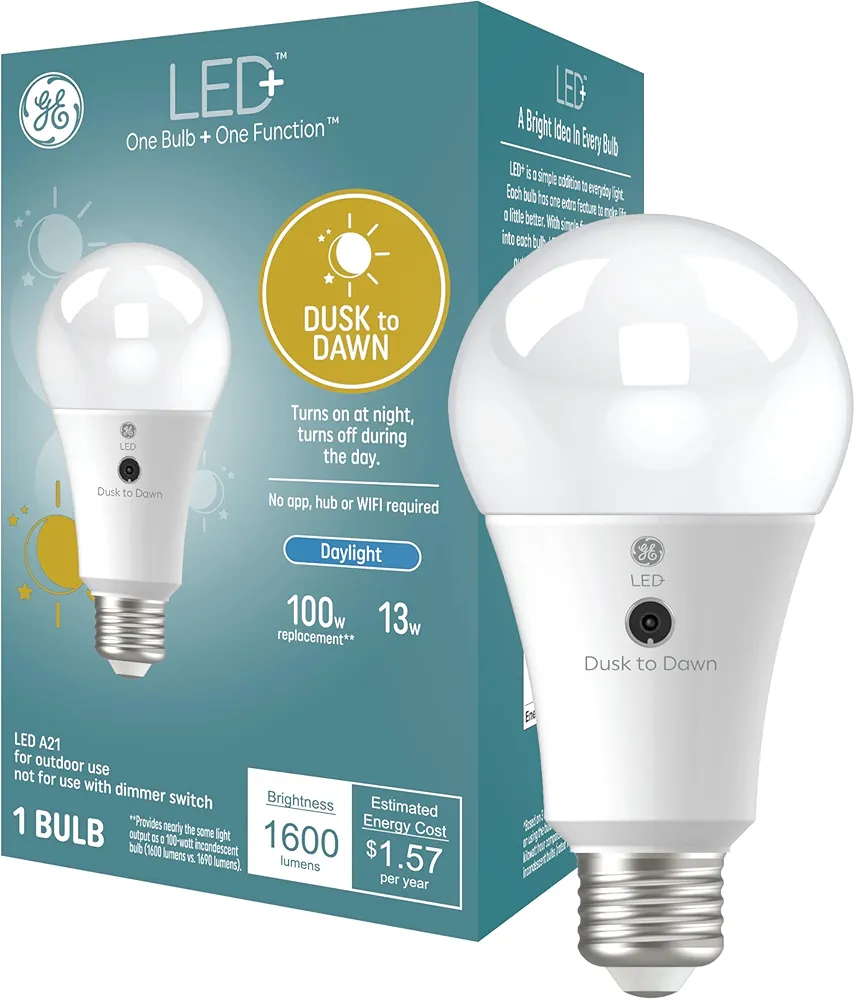 GE LED+ Dusk to Dawn A21 LED Light Bulb, Automatic On/Off Outdoor Light, 13W, Daylight (3 Pack)