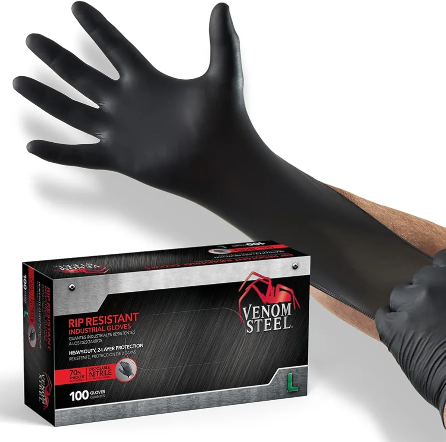 Venom Steel Industrial Nitrile Gloves, Chemical Resistant Disposable Black Gloves, Latex-Free, Powder-Free, Textured Grip, Heavy Duty Two-Layer Protection, 6 mil, Large, 100 Count