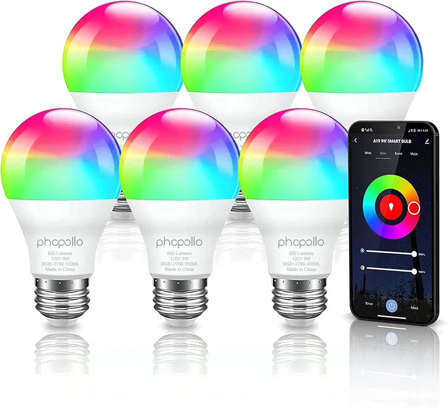 phopollo Smart Light Bulbs, RGBCW WiFi Multicolor Led Light Bulbs Compatible with Alexa & Google Home Assistant, A19 E26 9W 60W Equivalent 800Lumen, App Control, No Hub Required, 6 Pack