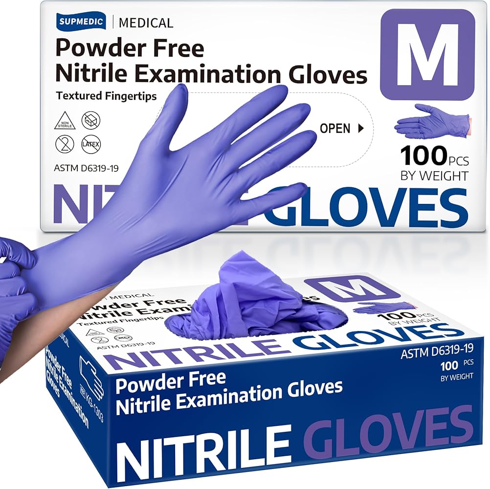 Nitrile Exam Gloves, Powder-Free Latex-Free Food Safe Cleaning First Aid Disposable Medical Glove, Purple 100 Pcs