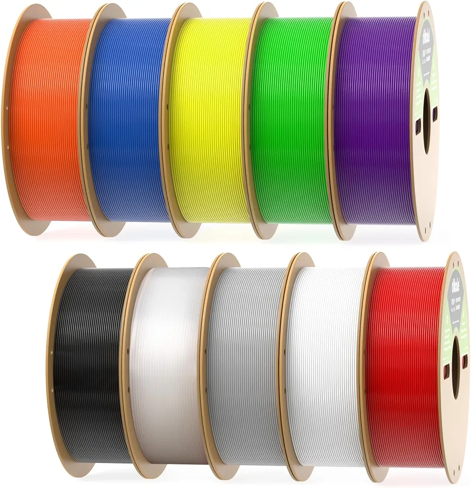 PLA Pro 3D Printer Filament 10 Packs, 1.75mm No Tangle, Each Spool Net Weight 1KG, in Total 10KG Bundles, Black+White+Grey+Clear+Blue+Green+Orange+Red+Yellow+Purple