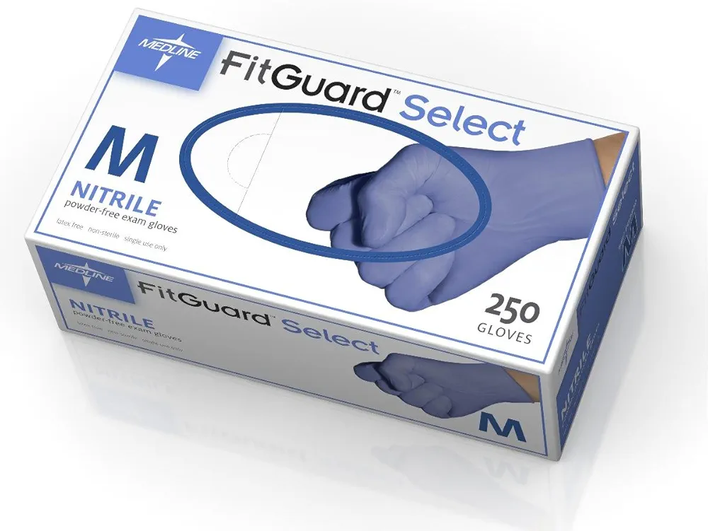 Medline FitGuard Select Powder-Free Nitrile Violet Blue Exam Gloves with Textured Fingertips, Size Medium, Box of 250