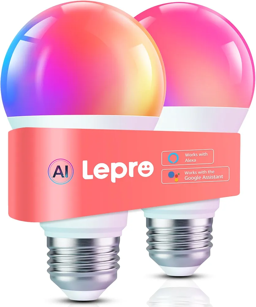 Lepro B1 AI Smart Light Bulbs - WiFi & Bluetooth RGBWW Color Changing LED Bulb Compatible with Alexa & Google Assistant, AI Generated Lighting, AI Voice Control, Music Sync, 2.4GHz Only, 2 Packs