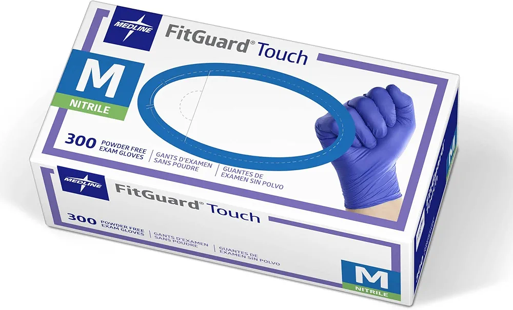 Medline FitGuard Touch Nitrile Exam Gloves, 300 Count, Medium, Powder Free, Disposable, Not Made with Natural Rubber Latex, Excellent Sense of Touch for Medical Tasks, Durable for Household Chores