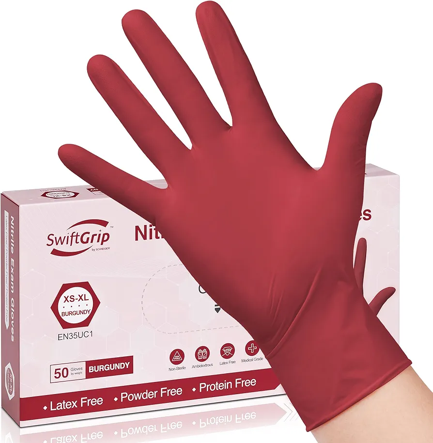 Disposable Nitrile Exam Gloves, Medium, Box of 50, Burgundy, Latex-Free, Powder-Free, 3mil, Medical Grade, Food Safe, Non Sterile