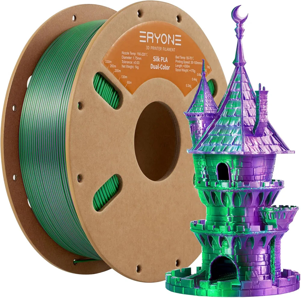 ERYONE Silk Dual Color PLA Filament 3D Printer 1.75mm +/- 0.03mm, Bicolor Filament Two Tone PLA 1KG(2.2lbs) Cardboard Spool, Purple Green