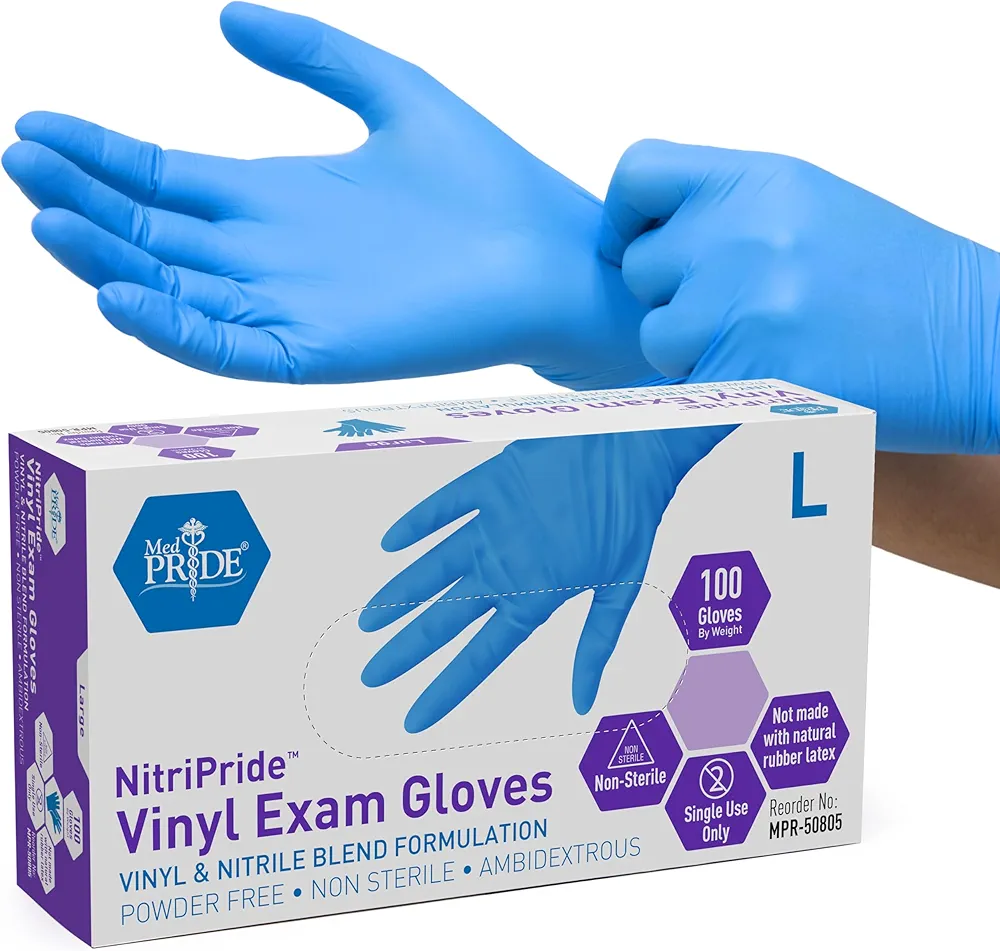 MED PRIDE NitriPride Nitrile-Vinyl Blend Exam Gloves, Large 100 - Powder Free, Latex Free & Rubber Free - Single Use Non-Sterile Protective Gloves for Medical Use, Cooking, Cleaning & More