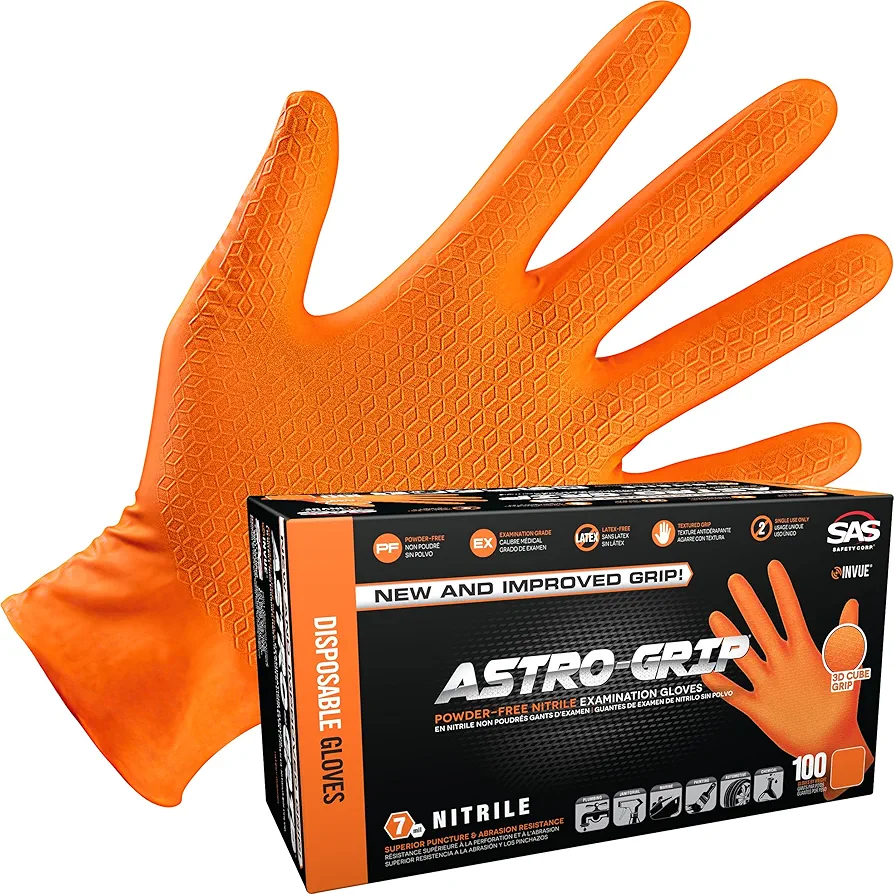 Astro-Grip Powder-Free Exam Grade Nitrile Disposable Gloves. Size X-Large, Orange, 7 mil Thickness. Chemical and Puncture Resistant. Single-Use. Pack of 100. (66474)