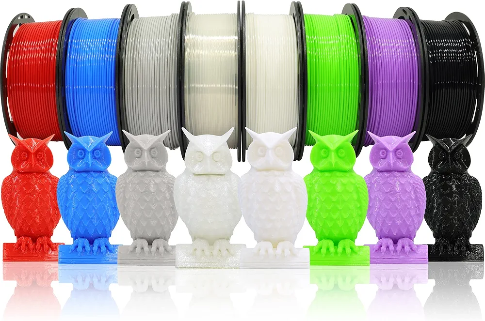 1.75mm 8 Spools Basic Colors PLA 3D Printer Filament Bundle, White/Black/Clear/Light Grey/Blue/Red/Green/Purple, Each Spool 0.25kg, Total 2kg PLA 3D Printing Material, 250g x 8 Spools