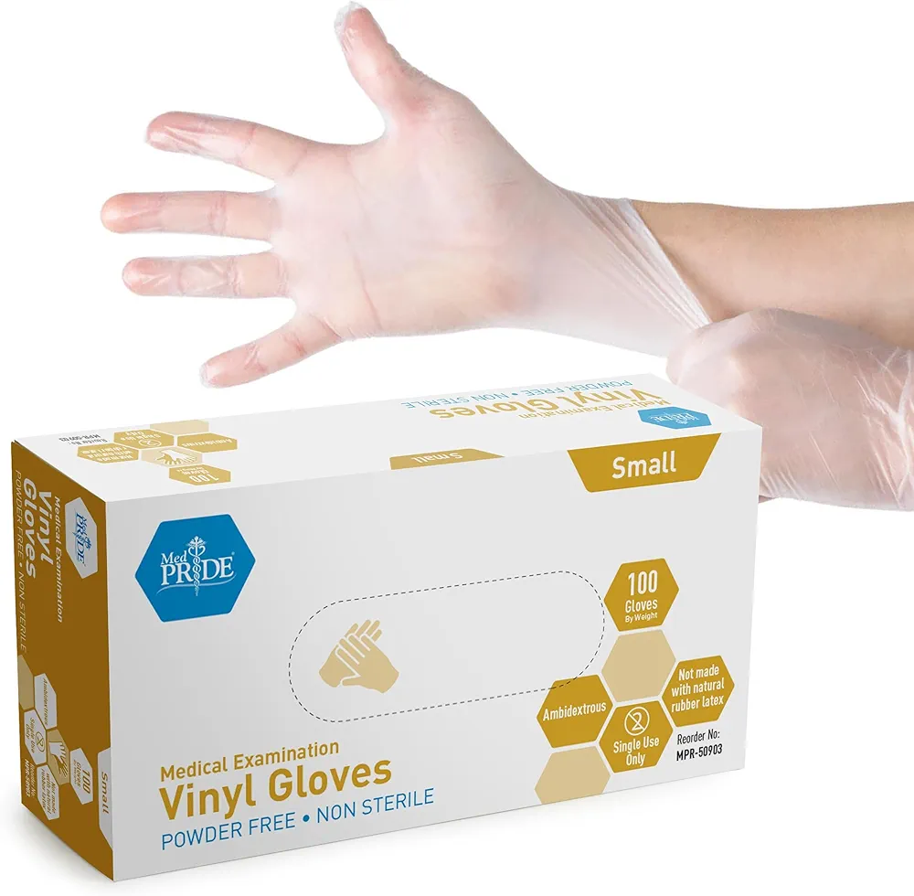 MedPride Powder-Free Vinyl Exam Gloves, Small, Box/100