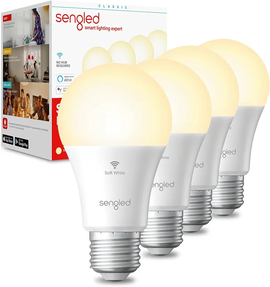 Sengled Alexa, WiFi, Smart Light Bulbs that Work with Alexa & Google Assistant,A19 Soft White(2700K)No Hub Required,800LM 60W Equivalent HighCRI)90,4Count(Pack of 1)