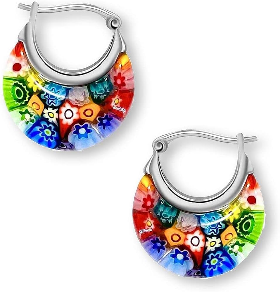 Murano Style Glass Hoop Earrings for Women Trendy Daisy Flower Stainless Steel Dangle Fun Vibrant Colors Teacher Glass Jewelry Unique Christmas Gifts for Women Birthday Anniversary 11.6 Gms