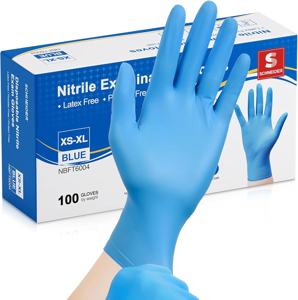 Schneider Nitrile Exam Gloves, Blue Disposable Gloves, Medical Grade, Food Grade, Latex Free, Powder Free