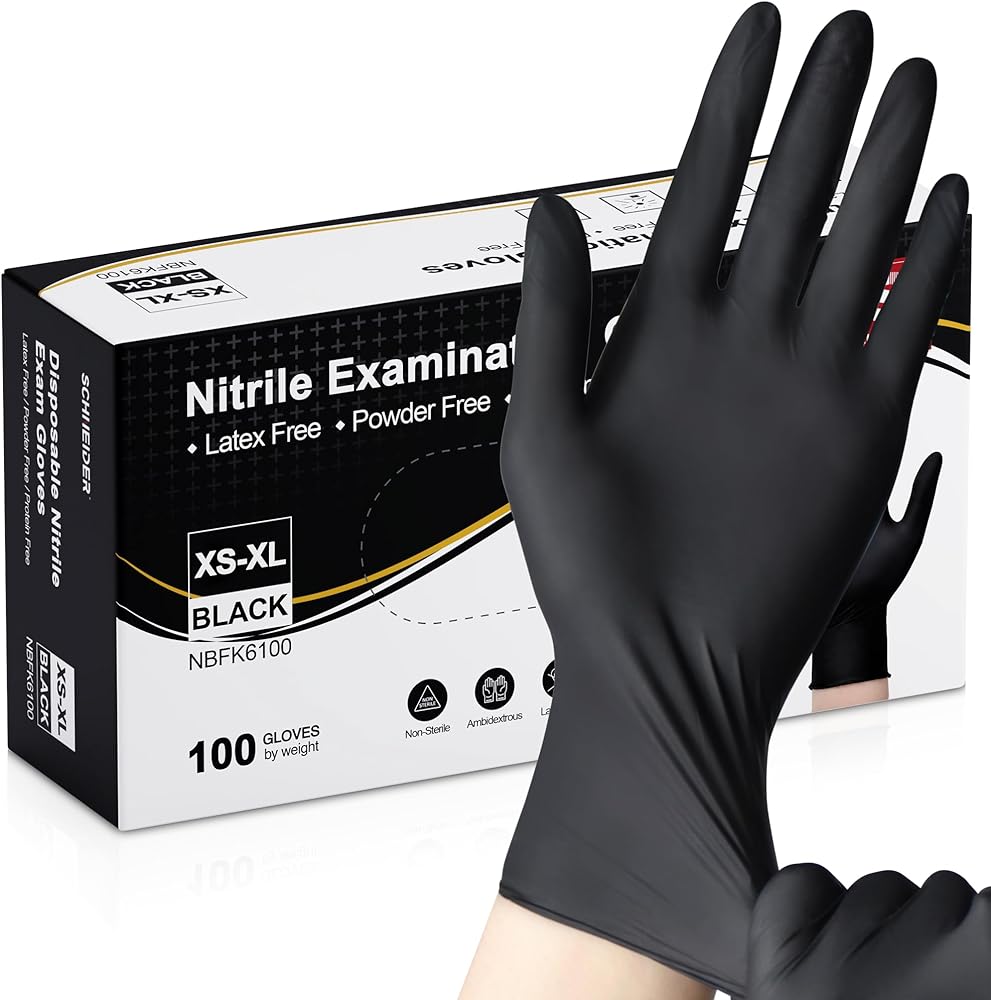 Schneider Nitrile Exam Gloves -L, 100-ct Box,Black Disposable Gloves Latex-Free, Powder-Free, Food Safe, Medical Gloves for Cooking, Cleaning, Examination