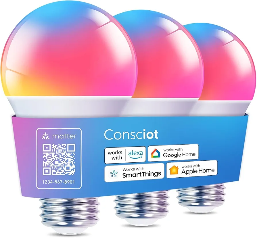 Consciot Smart Light Bulbs, WiFi Bluetooth Color Changing LED Light Bulb, Music Sync, 60W Equivalent Smart Bulb, A19 E26 RGBTW Light Bulbs That Works with Alexa/Google Home/Apple Home/Siri, 3 Pack