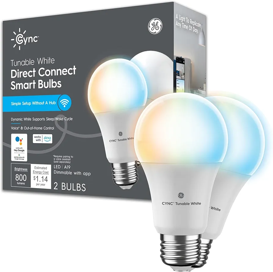 GE CYNC Smart LED Light Bulbs, Tunable White, Bluetooth and Wi-Fi, Works with Alexa and Google, A19 (2 Pack)