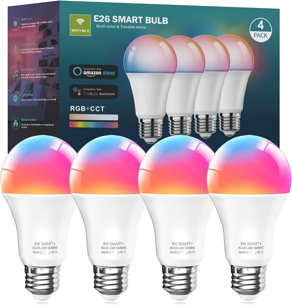 luckystyle Smart Light Bulbs, 9W A19 E26 800LM WiFi Bluetooth LED Bulbs Compatible with Alexa, Google Assistant & Home, 16 Million Colors Music Sync Color Changing Dimmable RGBWW Lights Bulb (4)