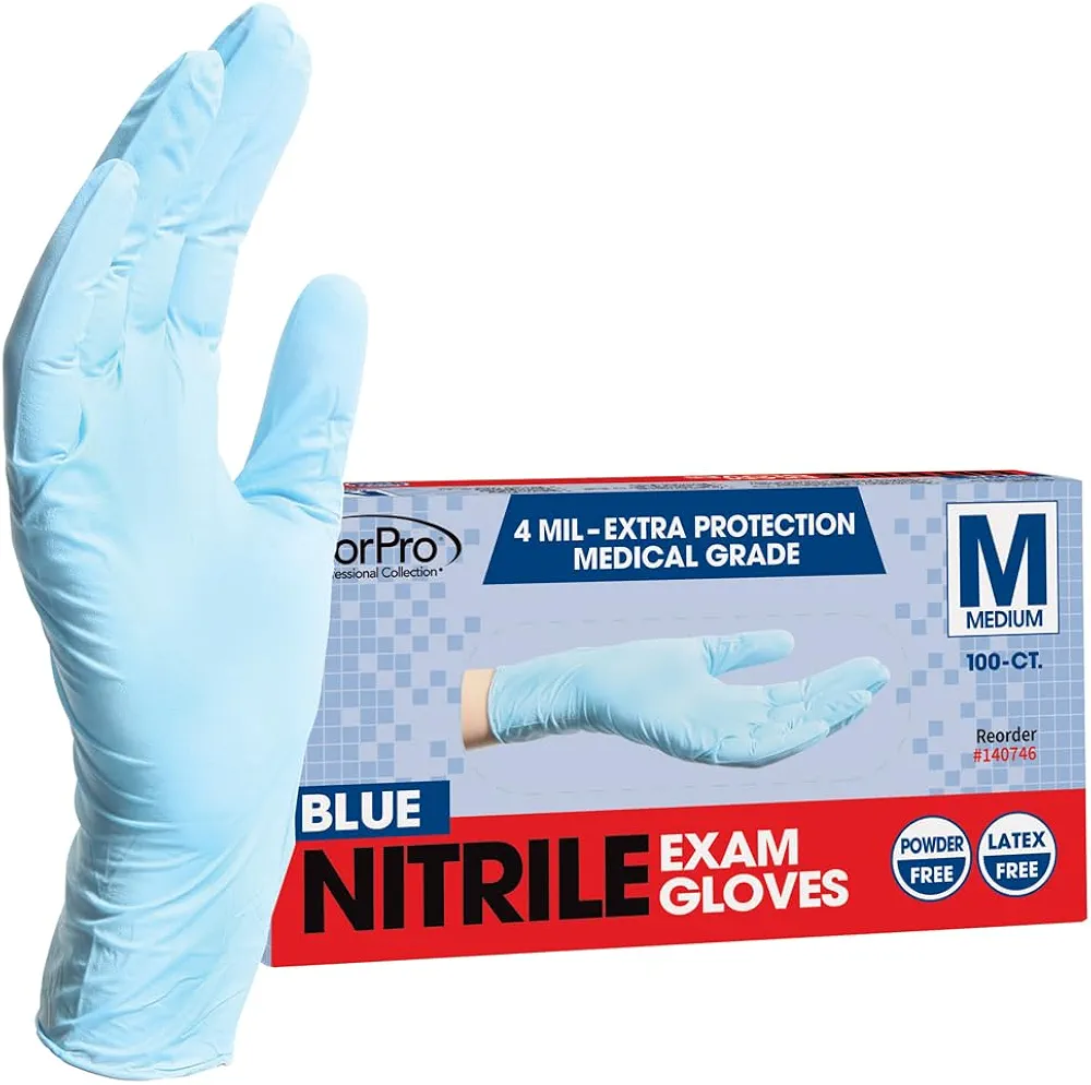 ForPro Disposable Nitrile Exam Gloves, Medical Grade, 4 Mil Extra Protection, Powder-Free, Latex-Free, Non-Sterile, Food Safe, Blue, Medium, 100-Count