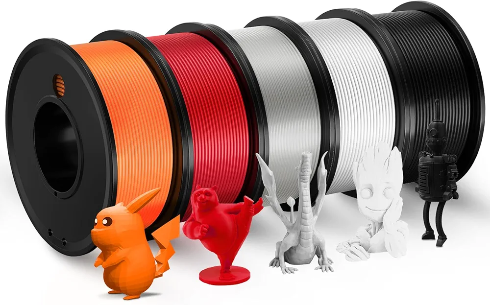 3D Printer Filament PLA 1.75mm 3-D Printing Materials 5 Colors Bundle Print Filiment 1.75 mm White Black Clear Red Orange Dimensional Accuracy ±0.02mm Fillament Spool Vacuum Packaging 250G X 5